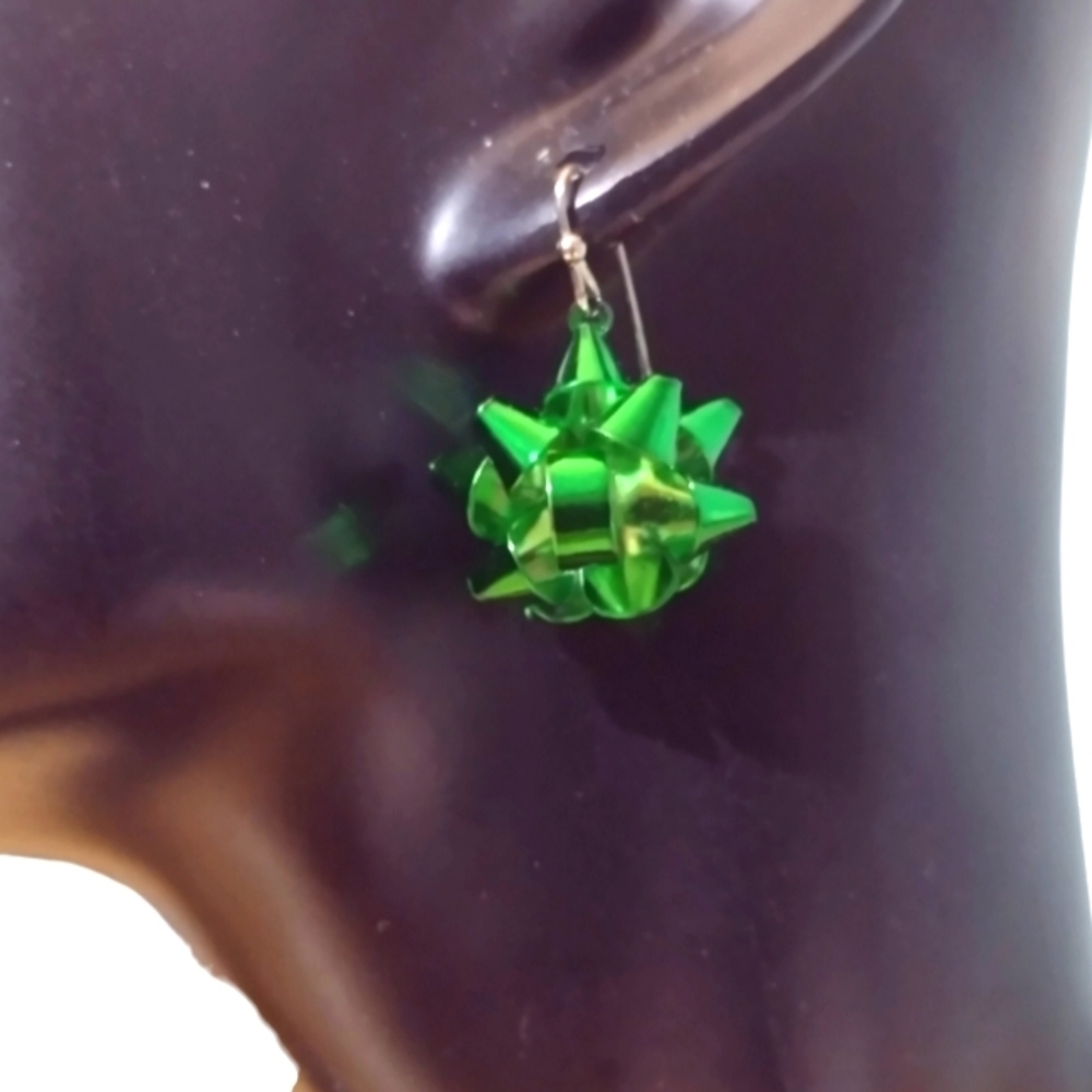GREEN Christmas Bow Earrings Dangle Hooks Silver and Green Have Red too NEW